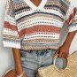 Multicolour Striped Hollow Out Half Sleeve Knitted Sweater