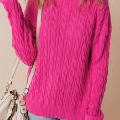 Rose Red Solid Cable Knit High Neck Drop Shoulder Sweater