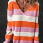 Orange Stripe Colorblock V Neck Casual Sweater