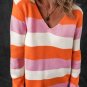 Orange Stripe Colorblock V Neck Casual Sweater