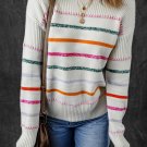 White Colorful Striped Ribbed Trim Sweater