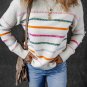 White Colorful Striped Ribbed Trim Sweater