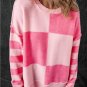 Pink Checkered Colorblock Striped High Low Loose Sweater