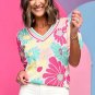 Multicolour Floral Print V Neck Short Sleeve Sweater