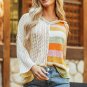 Beige Oversized Colorblock V Neck Hooded Sweater