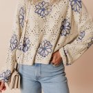 Beige Contrast Flower Print Eyelet Drop Shoulder Sweater