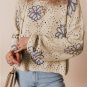 Beige Contrast Flower Print Eyelet Drop Shoulder Sweater