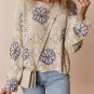 Beige Contrast Flower Print Eyelet Drop Shoulder Sweater