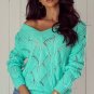 Mint Green Hollow Out Knit V Neck Drop Shoulder Sweater