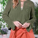 Vineyard Green Open Knit Buttoned Neck Split Sleeve Sweater