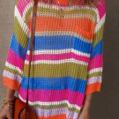 Orange Stripe Colorblock Hollowed Crochet 3/4 Sleeve Sweater