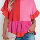 Tomato Red Mix Knitted Patchwork Ruffle Trim Loose Sweater
