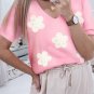 Pink Flower Crochet V Neck Short Sleeve Sweater