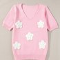 Pink Flower Crochet V Neck Short Sleeve Sweater