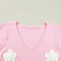 Pink Flower Crochet V Neck Short Sleeve Sweater