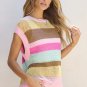 Pink Stripe Crochet Cap Sleeve Loose Fit Sweater T Shirt