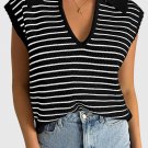 Black Stripe Turn-down V Neck Sweater Tank Top