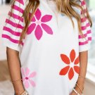 White Floral Pattern Striped Sleeve Sweater T Shirt