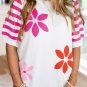 White Floral Pattern Striped Sleeve Sweater T Shirt