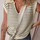 Beige Stripe Turn-down V Neck Sweater Tank Top