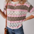 Brown Stripe Color Block Hollow Out Crochet Half Sleeve Sweater
