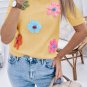 Yellow Cream Cute Flower Applique Short Sleeve Sweater