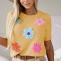 Yellow Cream Cute Flower Applique Short Sleeve Sweater