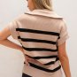 Khaki Stripe Zipped Collar Short Sleeve Sweater