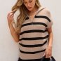 Khaki Stripe Zipped Collar Short Sleeve Sweater