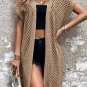 Camel Batwing Sleeve Pointelle Knit Open Front Cardigan