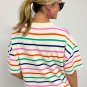 Beige Stripe Dropped Short Sleeve Boxy Fit Knitted Top