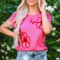 Bright Pink Flower Embroidery Short Sleeve Knitwear Top