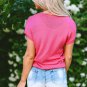 Bright Pink Flower Embroidery Short Sleeve Knitwear Top