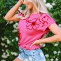Bright Pink Flower Embroidery Short Sleeve Knitwear Top