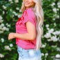 Bright Pink Flower Embroidery Short Sleeve Knitwear Top