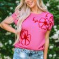 Bright Pink Flower Embroidery Short Sleeve Knitwear Top
