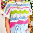 White Colorblock Crochet Knit Ruffled Short Sleeve Sweater Top