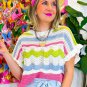 White Colorblock Crochet Knit Ruffled Short Sleeve Sweater Top