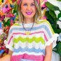 White Colorblock Crochet Knit Ruffled Short Sleeve Sweater Top