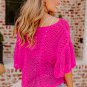 Rose Red Pointelle Knit Scallop Edge Short Sleeve Top