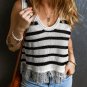 Beige Stripe Loose Knit Fringe Tank Top