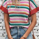 Fiery Red Trimmed Ruffle Sleeve Colorful Textured Sweater