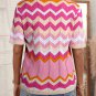 Pink Stripe Chevron Pointelle Knit V Neck Short Sleeve Sweater