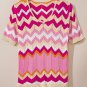 Pink Stripe Chevron Pointelle Knit V Neck Short Sleeve Sweater