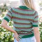 Dark Green Striped Pattern Contrast Trim Pointelle Knit T Shirt