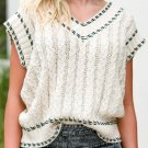 White Contrast Trim V Neck Cable Knit Sweater Vest