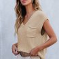 Apricot Chest Pocket V Neck Ribbed Cap Sleeve Sweater
