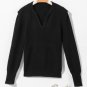 Black Braided Notched V Neckline Puff Sleeve Knitted Sweater