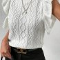 White Turtle Neck Short Sleeve Cable Knit Ruffled Sweater