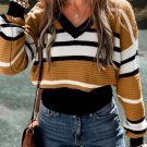 Brown Stripe Contrast Stripes V Neck Textured Knit Sweater